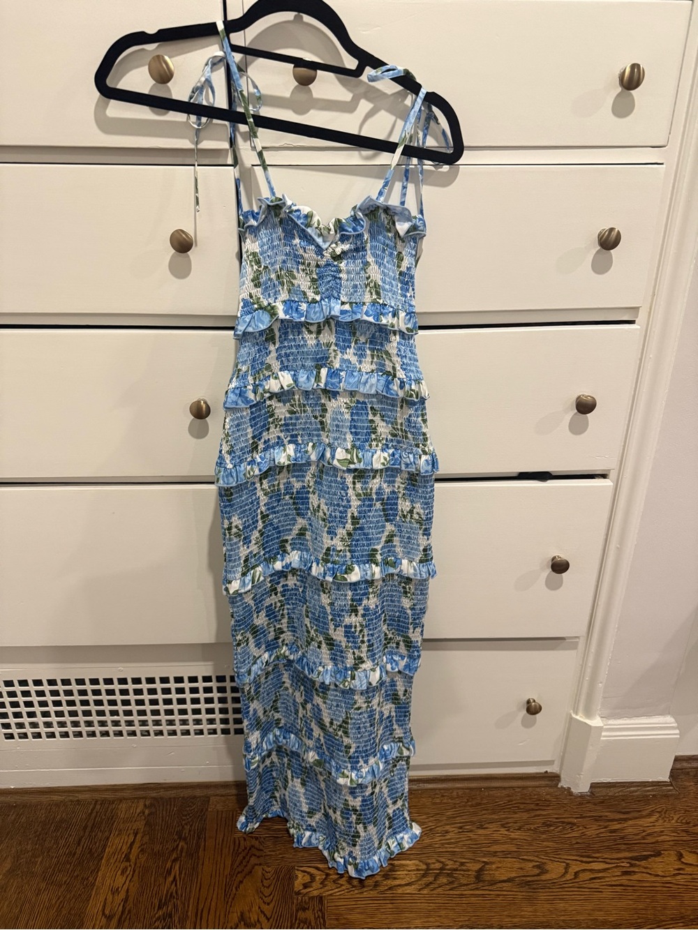Show Me Your Mumu Smocked Floral Ruffle Maxi Dress in Blue